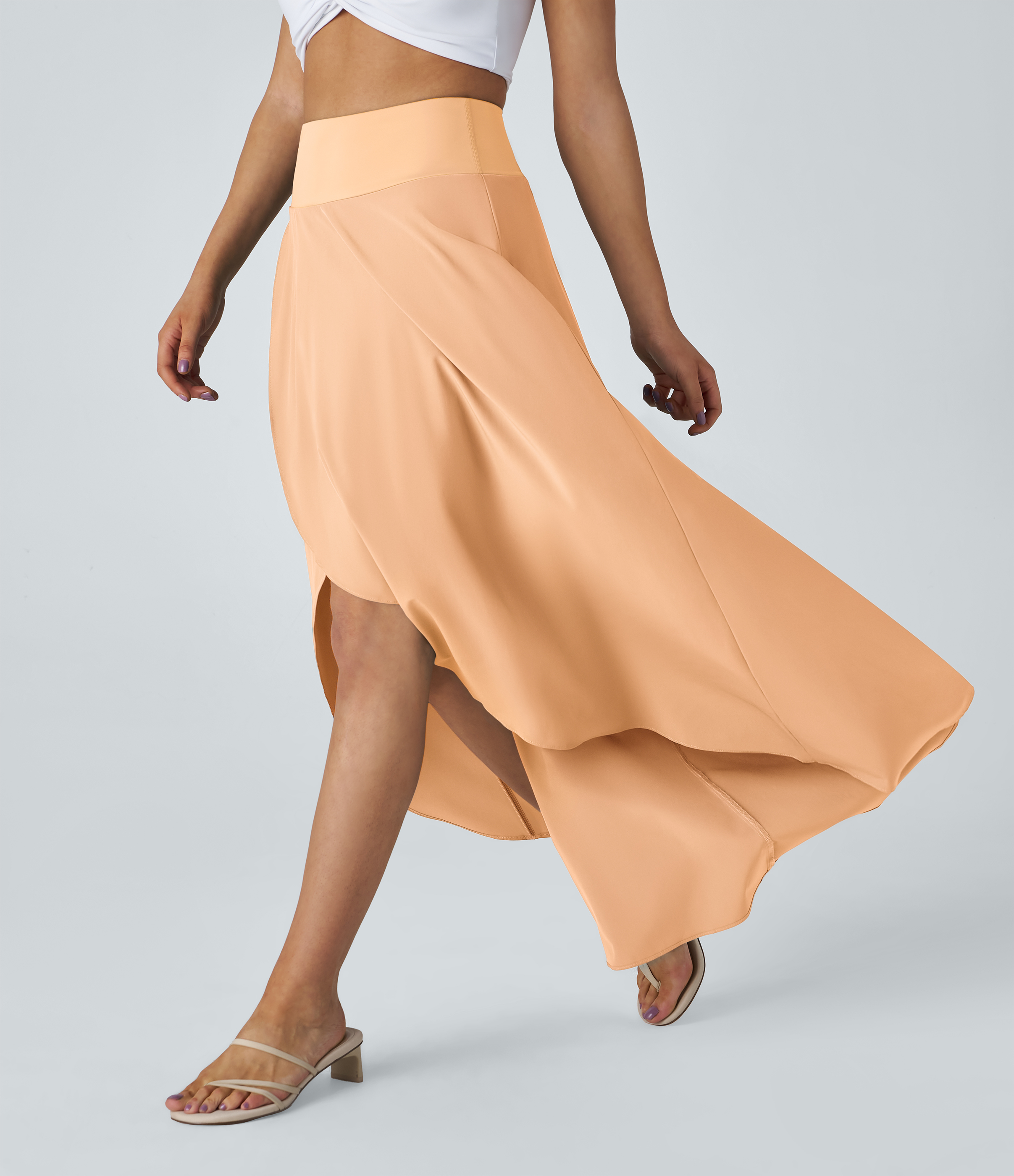 Breezeful™ High Waisted High Low Ruffle 2-in-1 Flowy Quick Dry Casual Regular Maxi Skirt  - Peach Orange