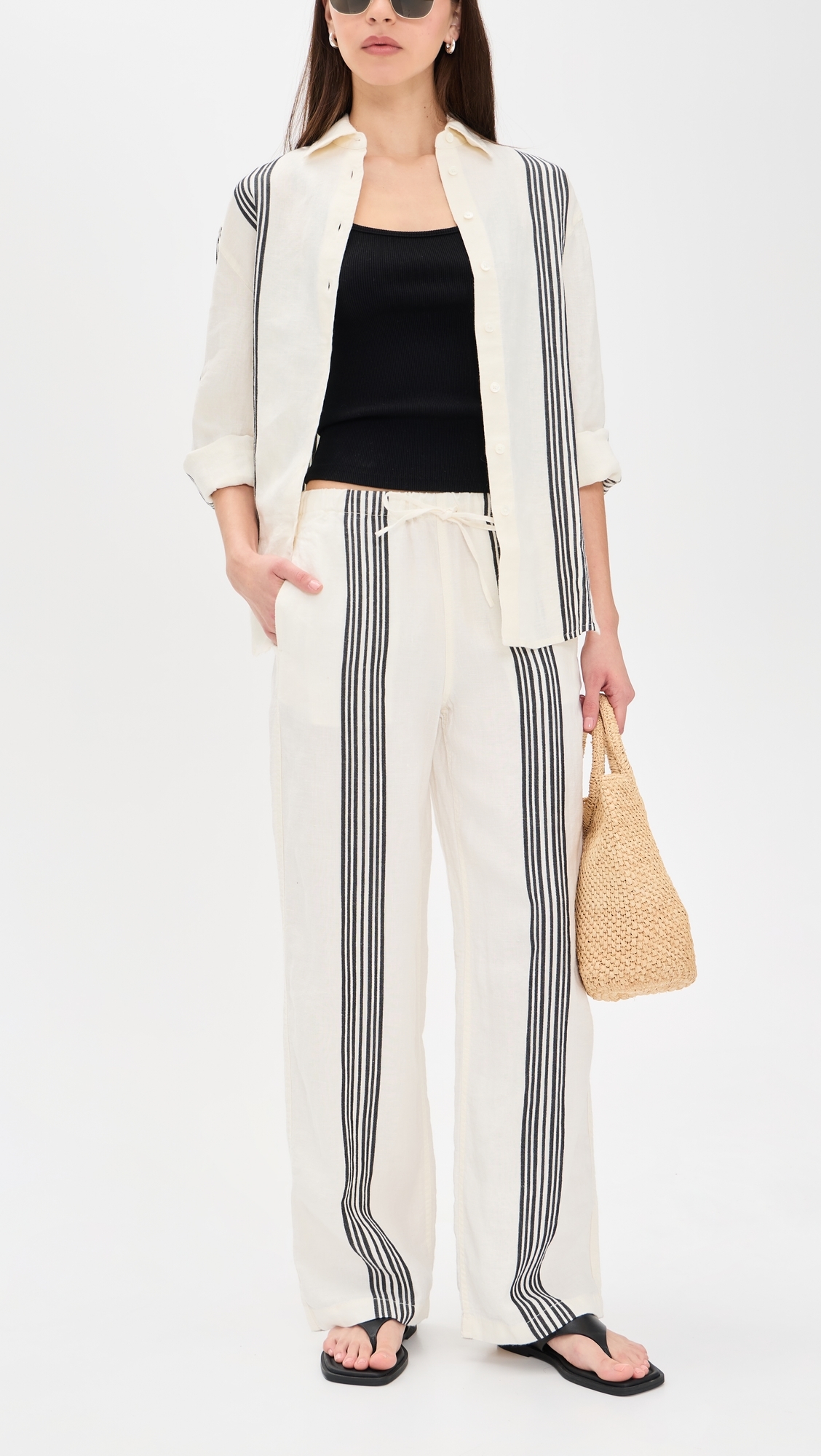 Pull-On Linen Pants Bold Placement Stripe Black