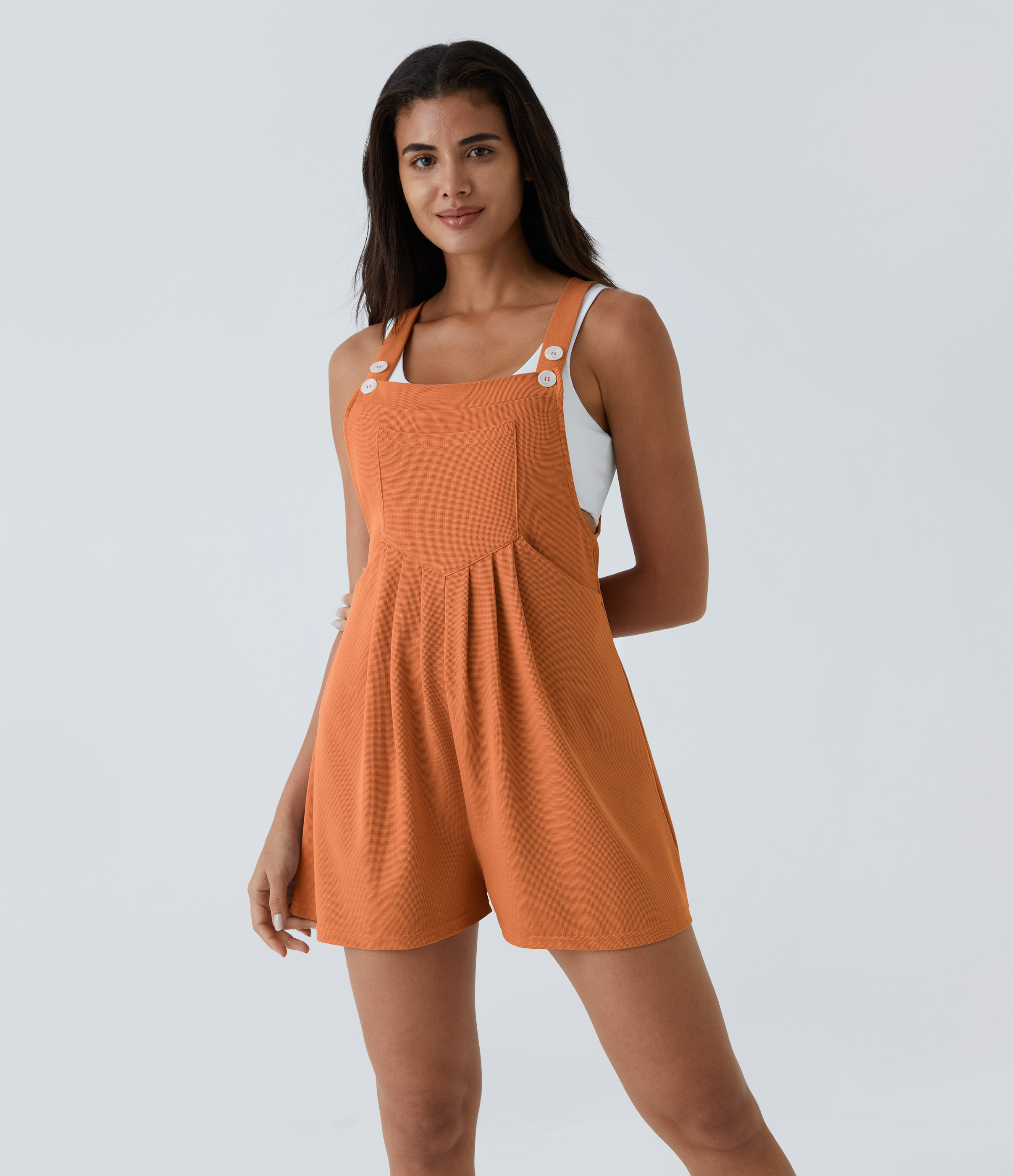 Pockets Waffle Casual Overalls  - Apricot Orange