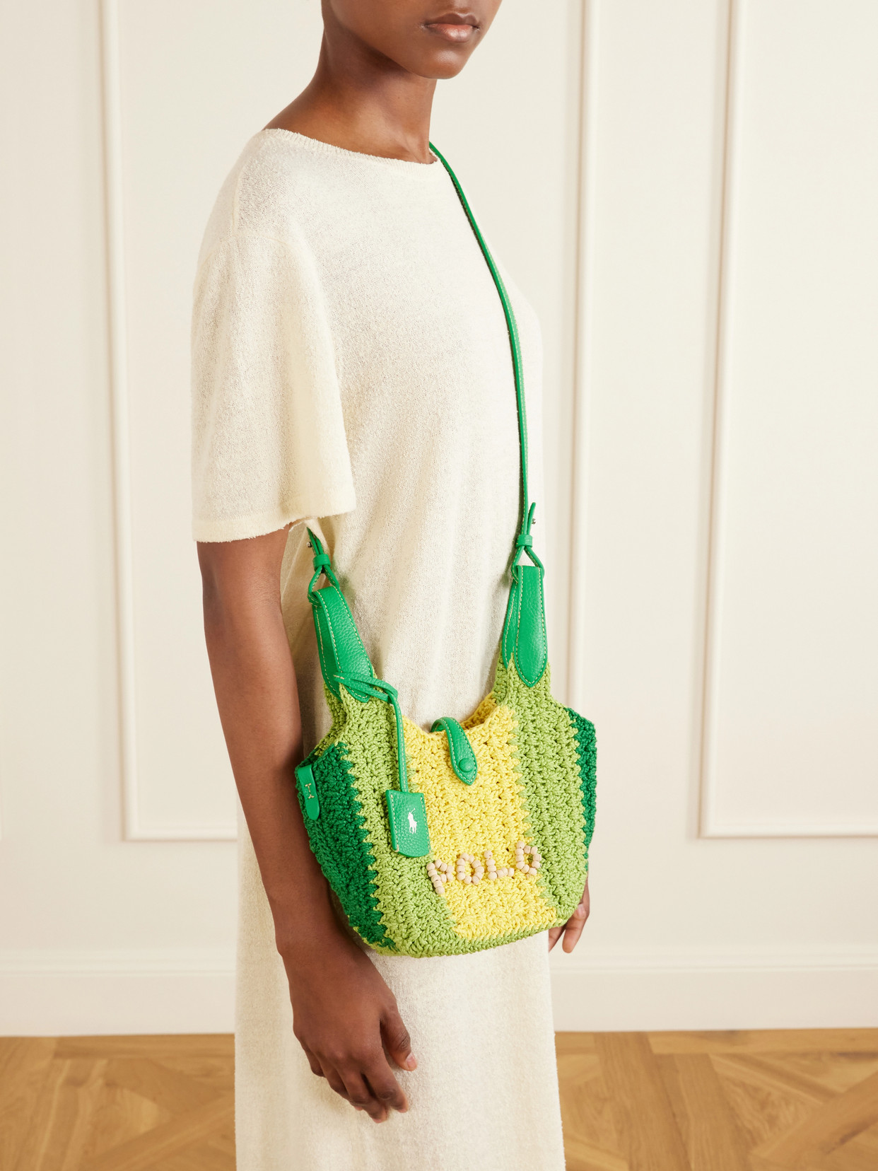 Polo Play Small Leather-trimmed Crocheted Bucket Bag - Green