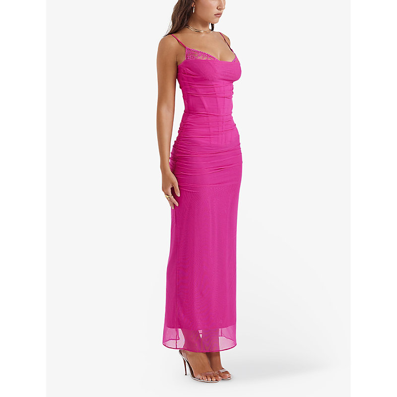 Womens Fuchsia Nalini Lace-trim Corseted Stretch-woven Maxi Dress