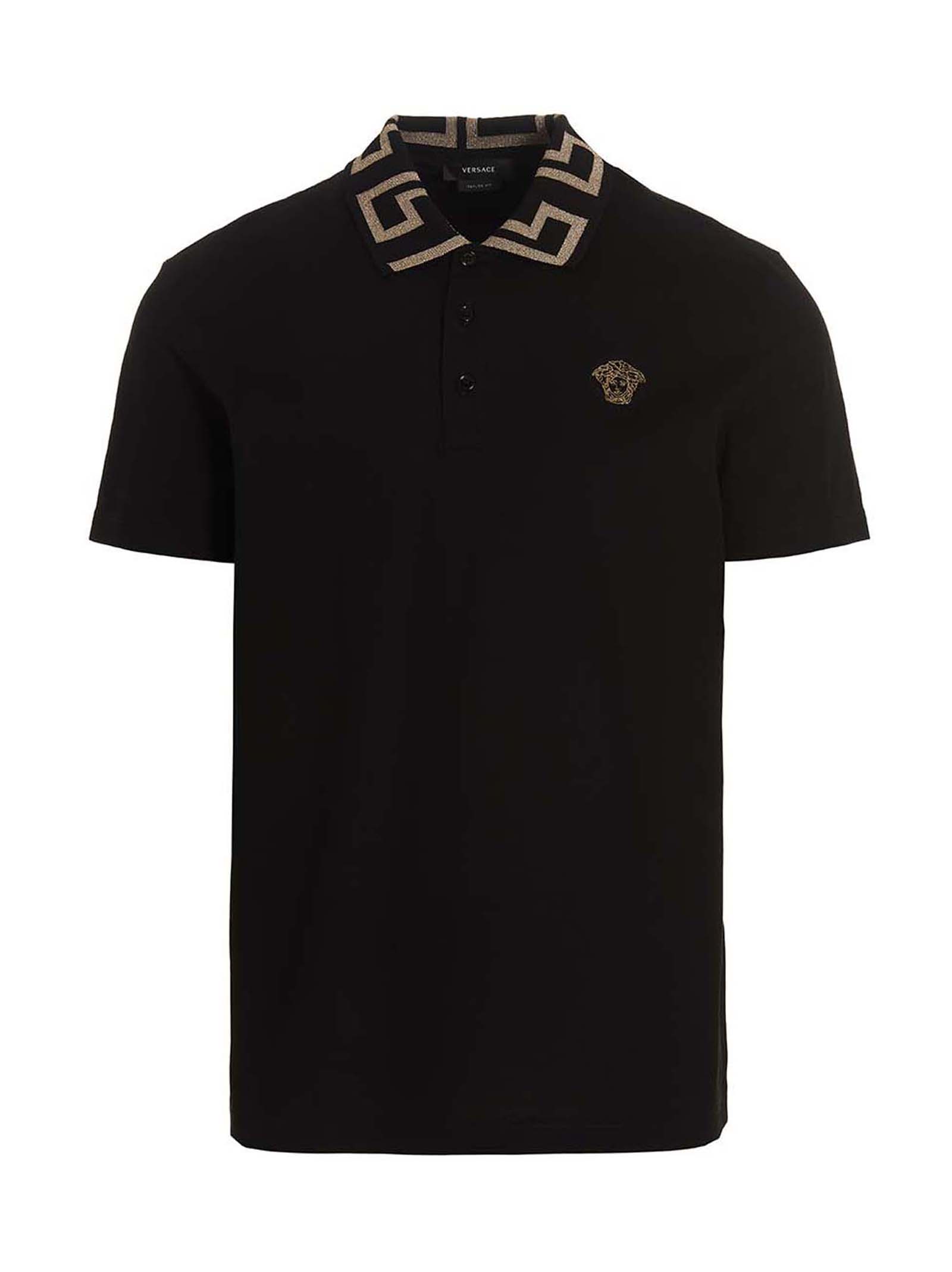 Greca-Collar Cotton Piqué Polo Shirt — Black