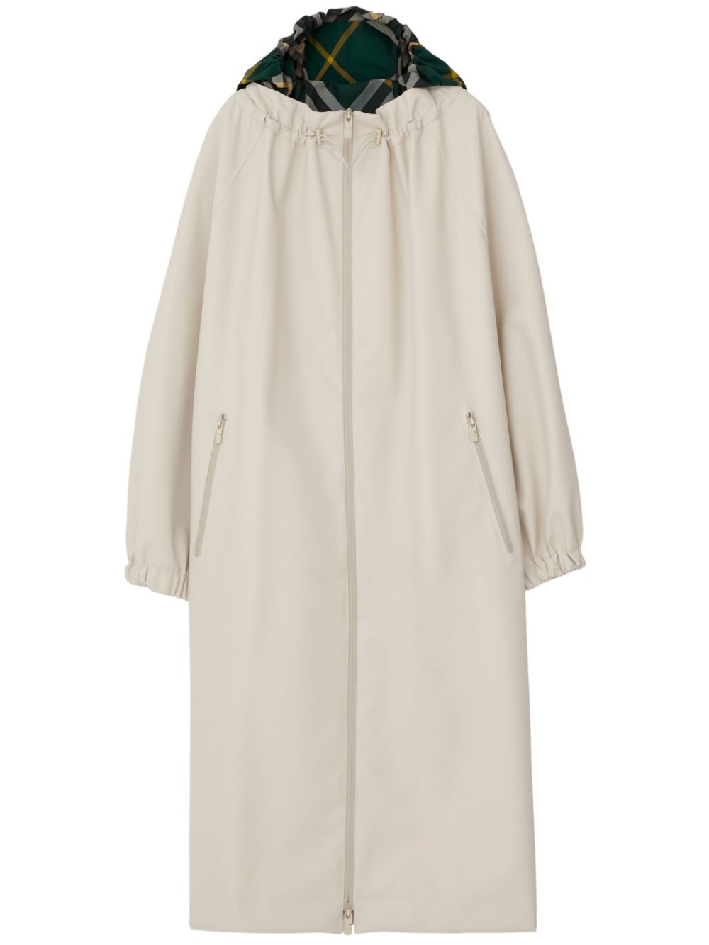 Checked-hood gabardine parka coat - Neutrals