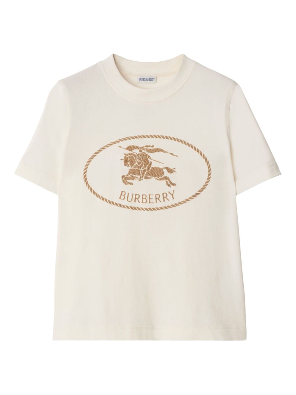 Rib-Knit Neckline T-Shirt with Embroidered Equestrian Knight Design (Size S)