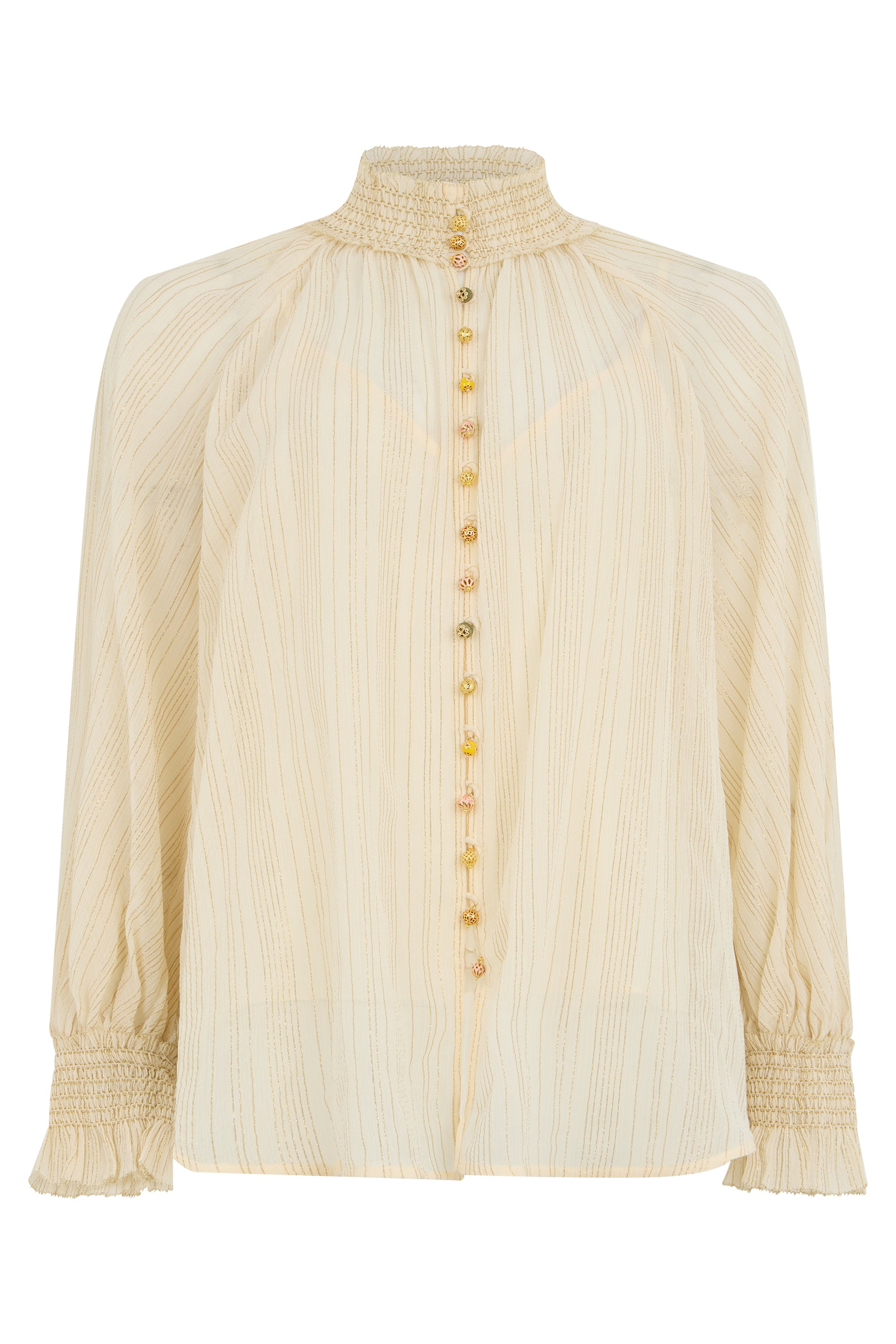 -Style Cotton-Silk Button-Front Blouse with High Collar