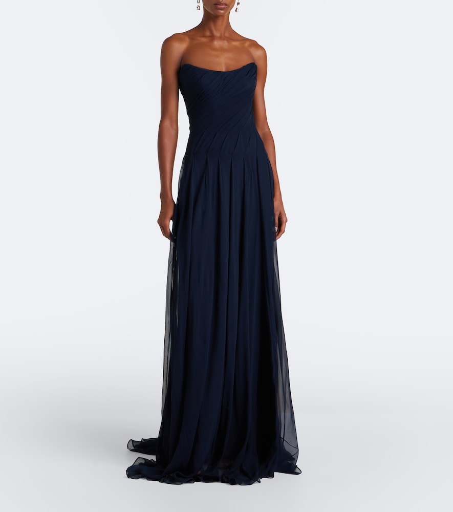 Scarf-detail draped silk bustier gown