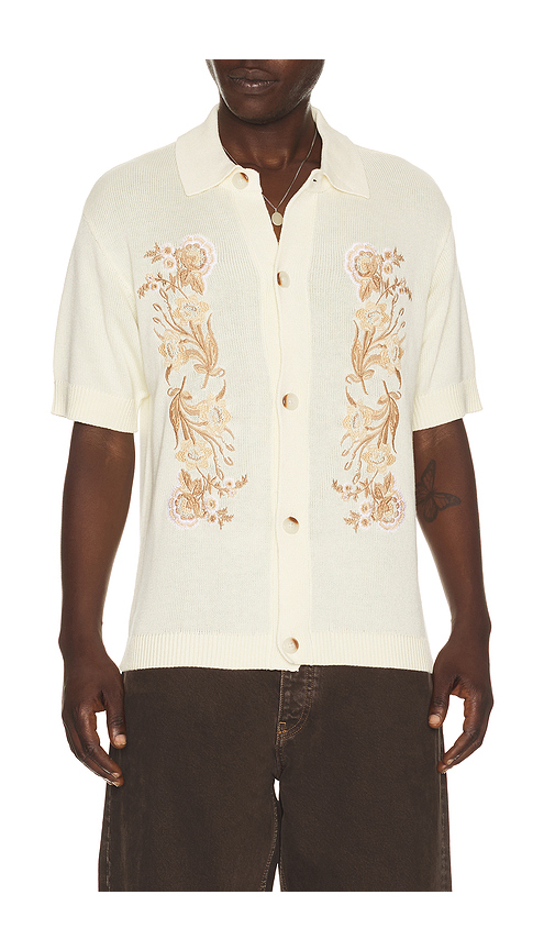 Central Park West Anderson Embroidered Camp Shirt in Cream. M. Also in S, L, XL/1X