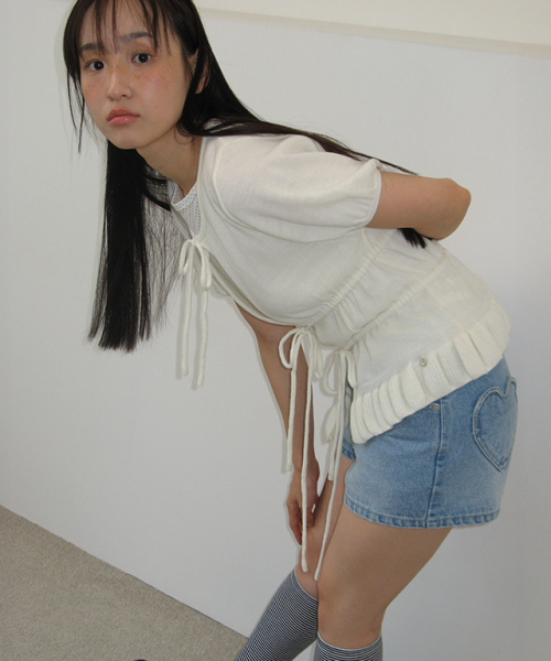 RUFFLE TEM TIE KNIT CARDIGAN IVORY