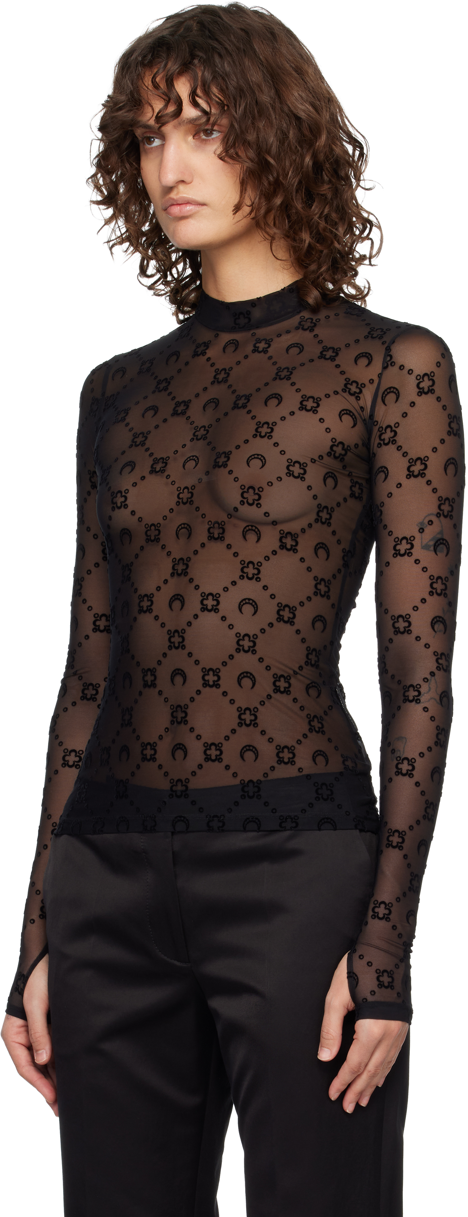 Black Moonogram Mesh Flock Second Skin Top