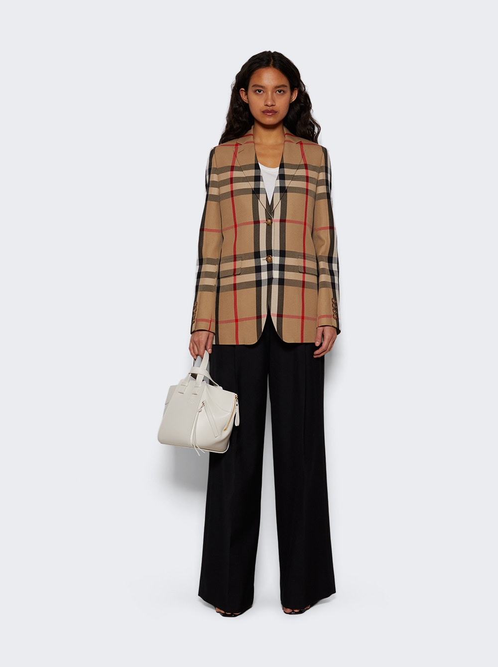 Check wool-cotton jacquard tailored jacket - Neutrals
