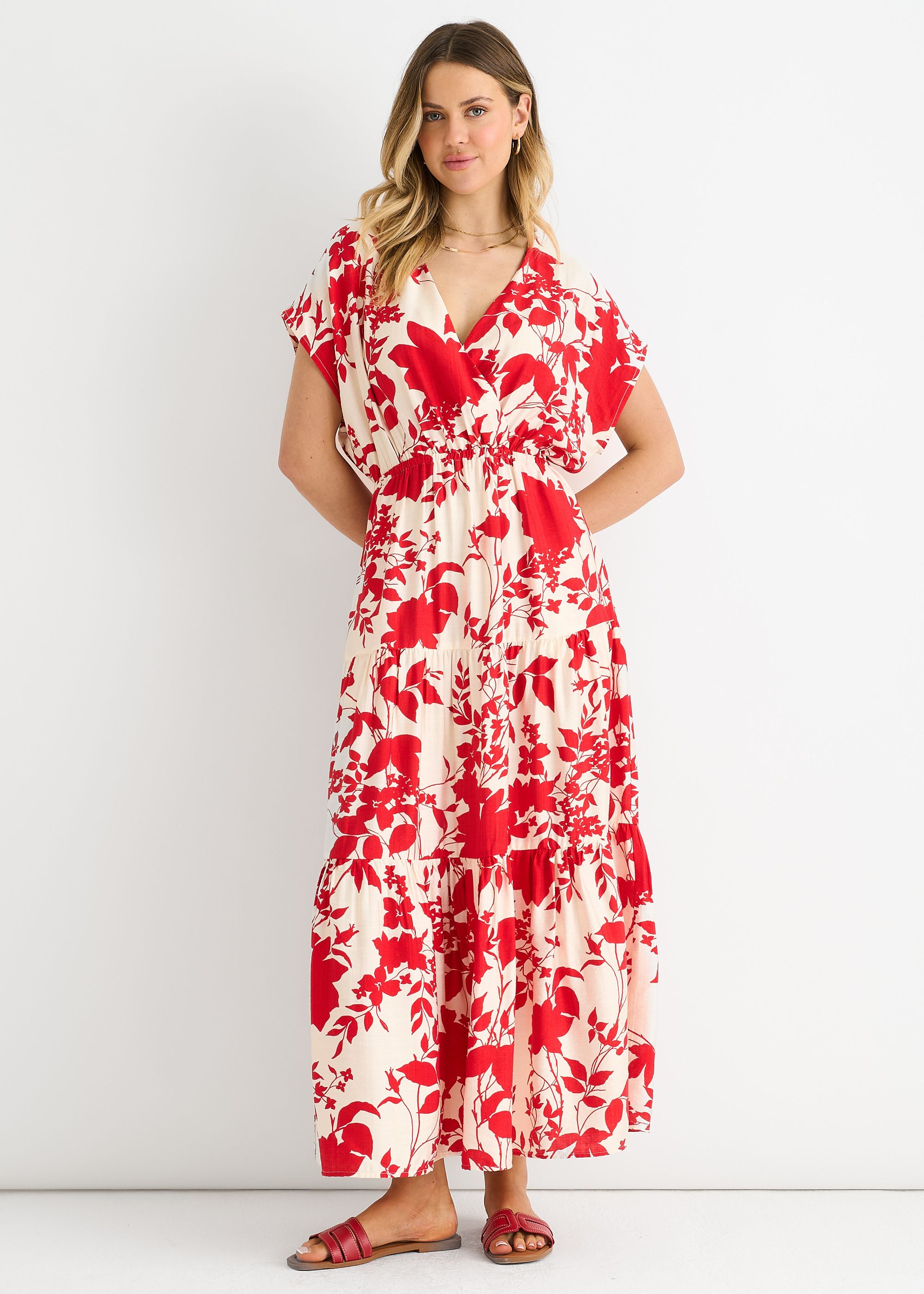 Gini London Women's Red Floral Elastic Waist Maxi Dre