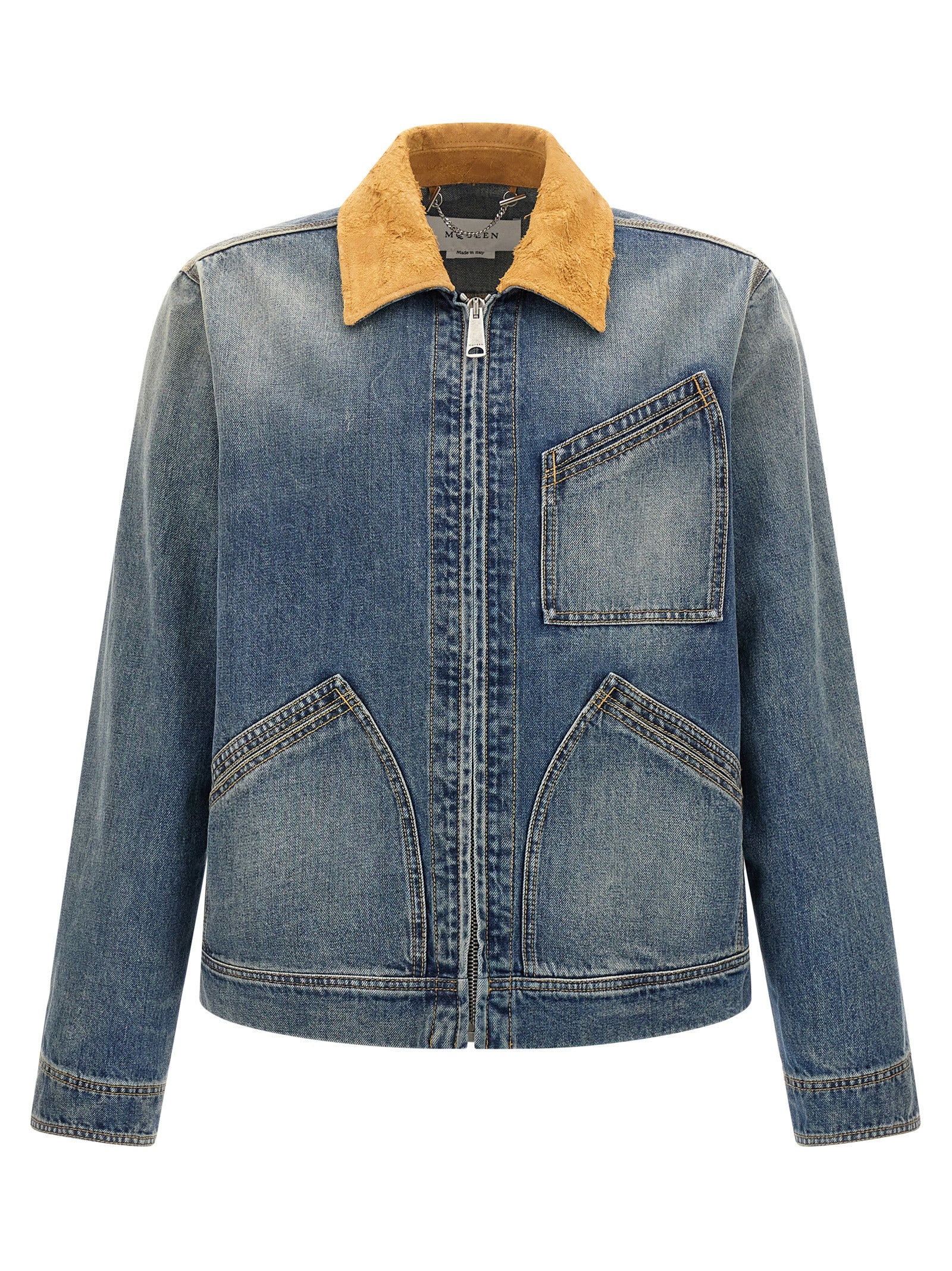Suede-Collar Denim Jacket — Blue