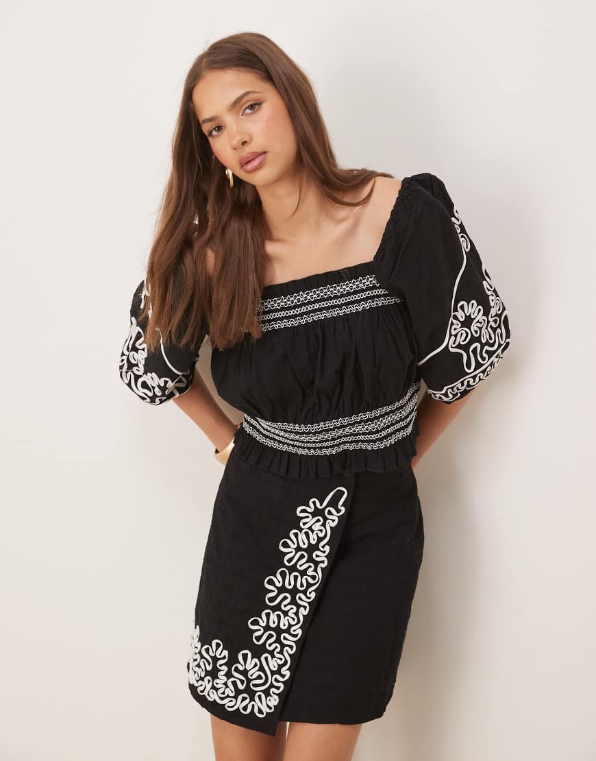 YAS contrast cornelli embroidered puff sleeve crop top in black - part of a set