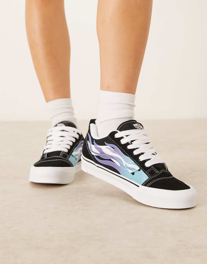 Knu Skool trainers in black and white with blue side flame