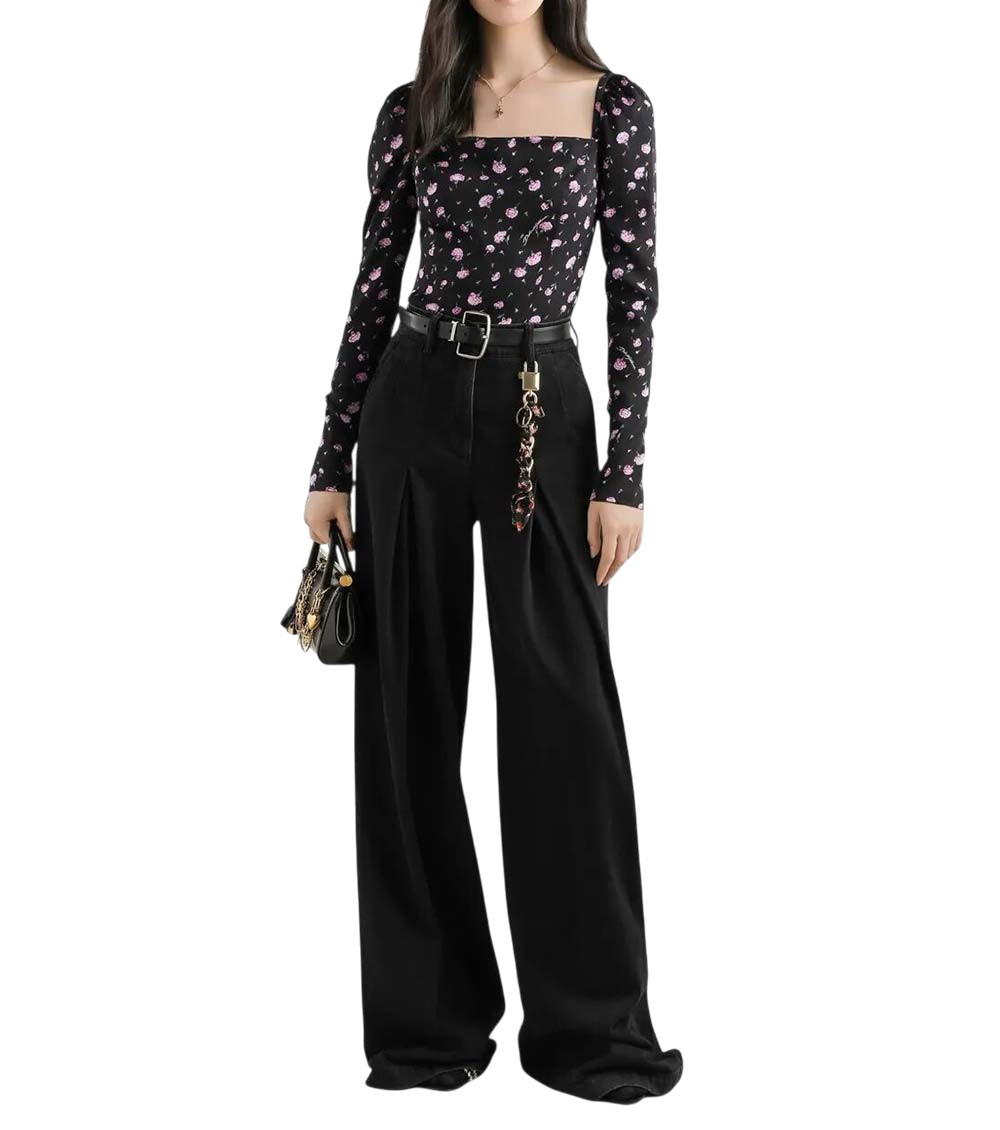 Black Square Neck Floral Print Top