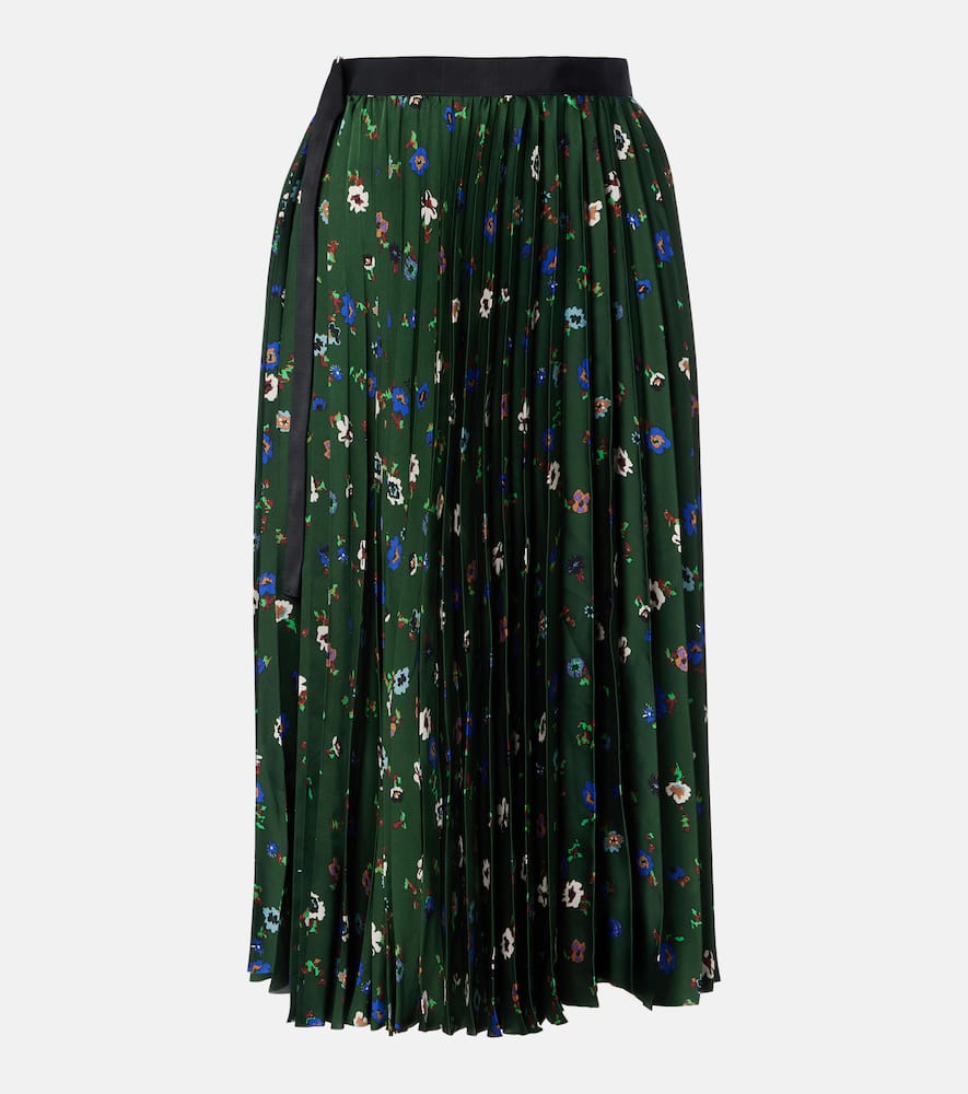 Floral plissé satin midi skirt