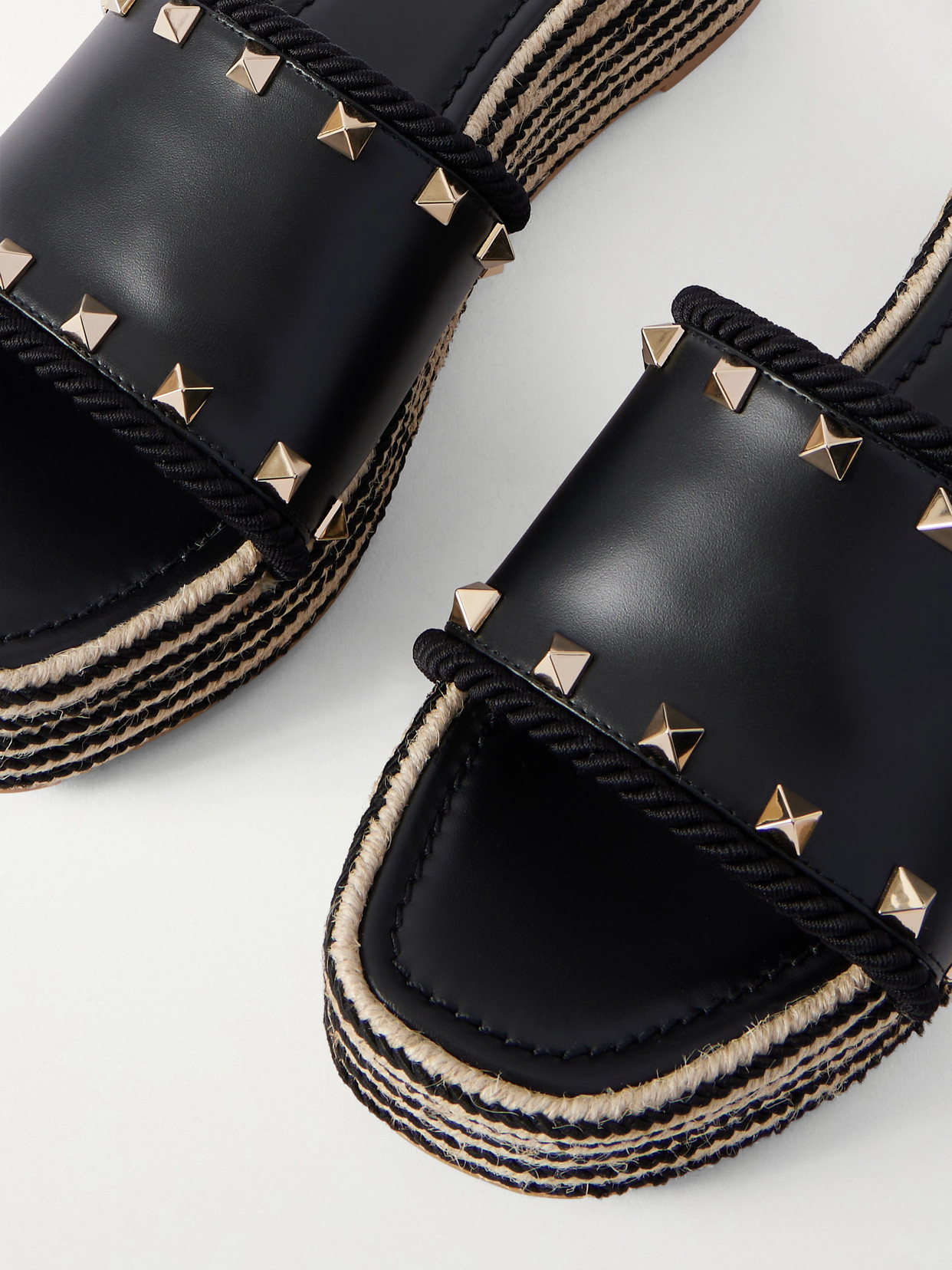 Rockstud Leather Platform Espadrille Slides - Black