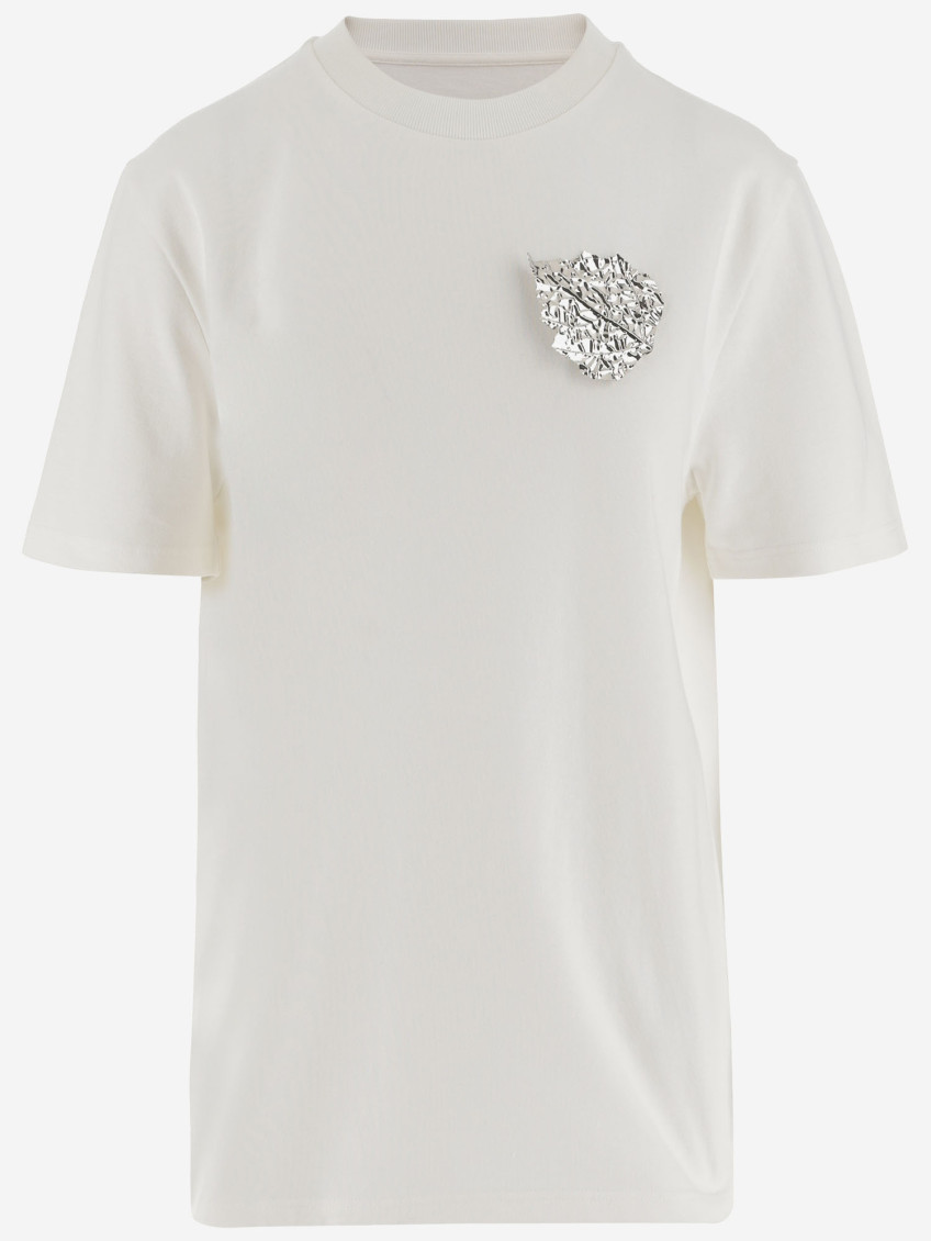 Cotton T-shirt With Leaf Brooch