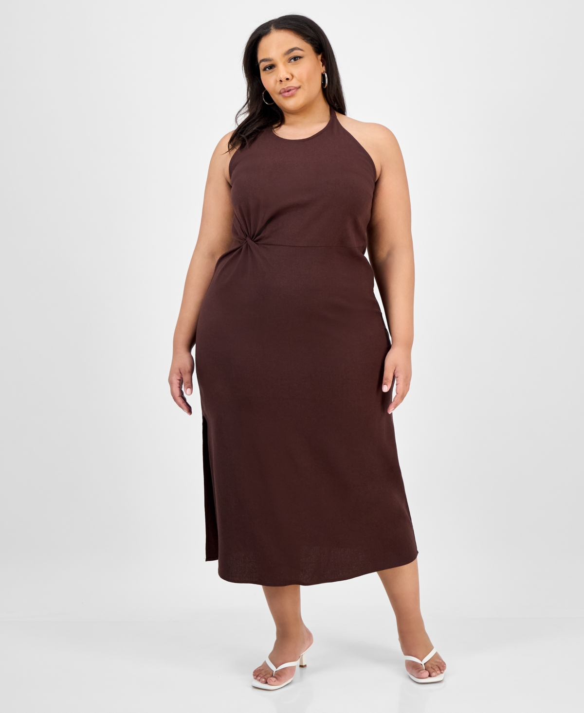 Trendy Plus Size Halter-Neck Linen-Blend Midi Dress, Exclusively at Macy's - Chicory Coffee