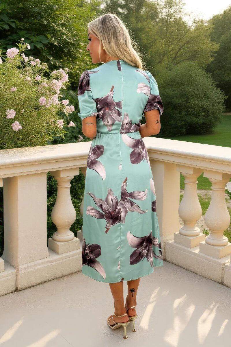 AX Paris Women's Duck Egg Floral Print Wrap Top Ruched Detail Midi Dress in Duck Egg Blue