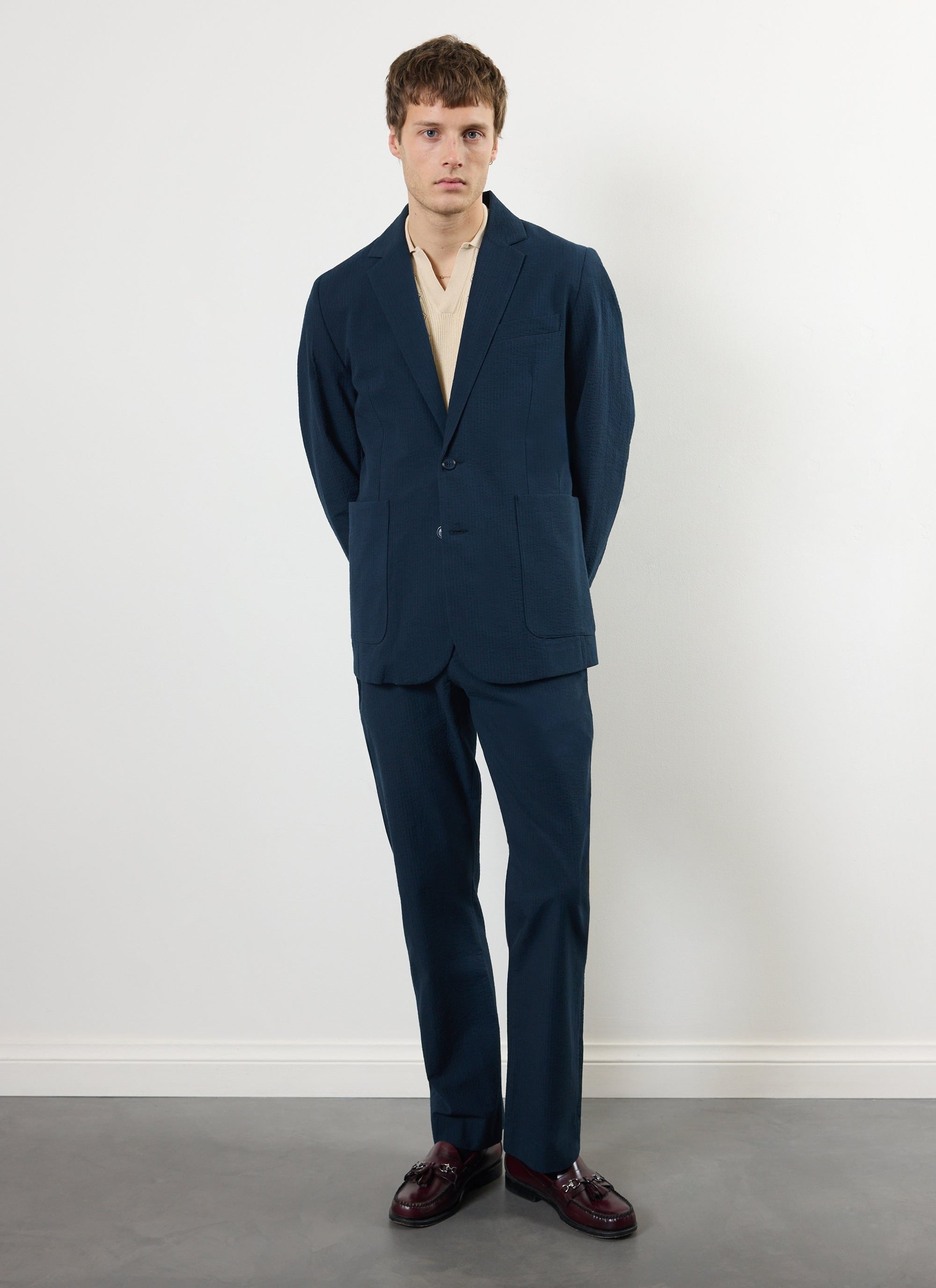 Tailored Seersucker Blazer Navy