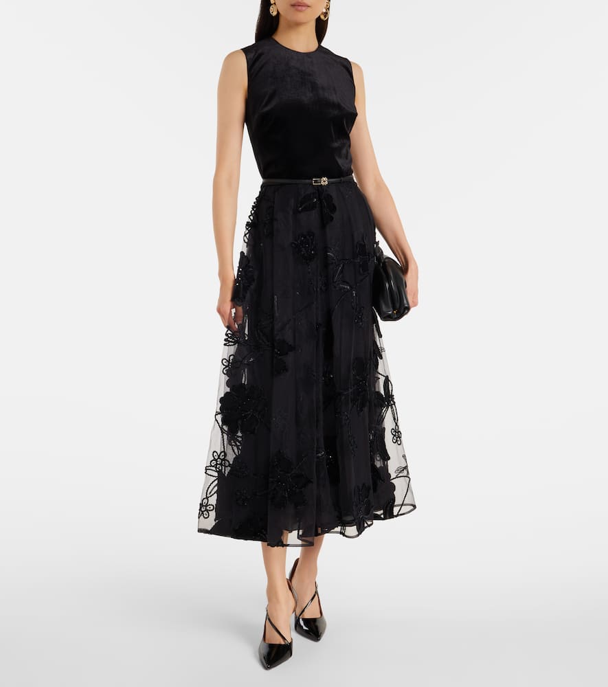 Embroidered tulle and velvet midi dress