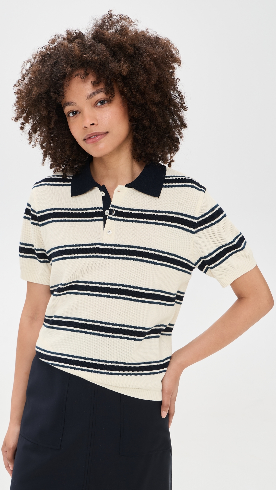Unisex Multi Striped Polo Knit Cream/Navy