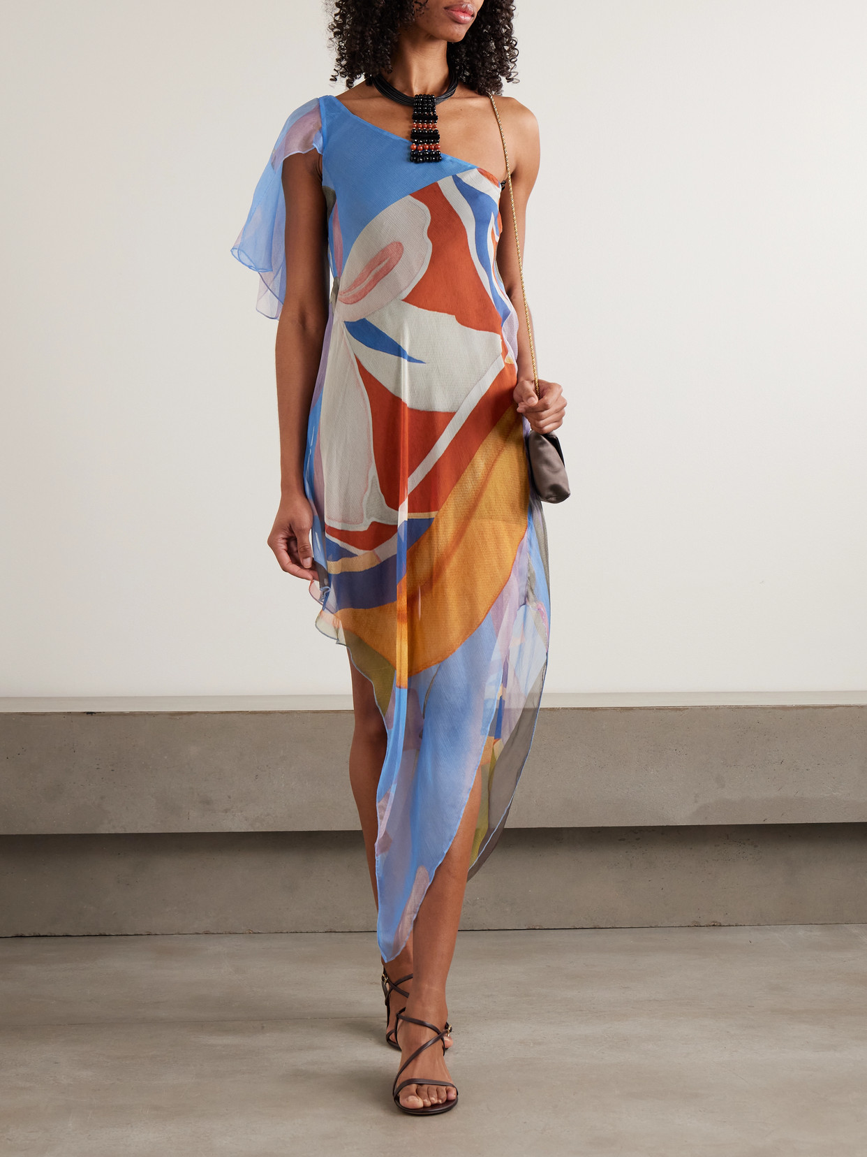 Palenque Flores One-shoulder Asymmetric Printed Silk-chiffon Mini Dress - Multi