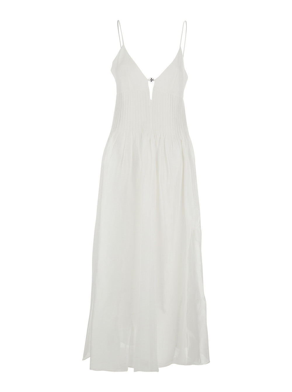 Linen-Silk V-Neck Dress — White
