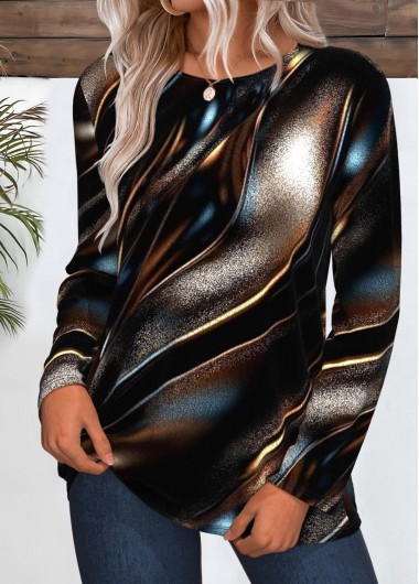Modlily Dark Coffee Dazzle Colorful Print Long Sleeve T Shirt