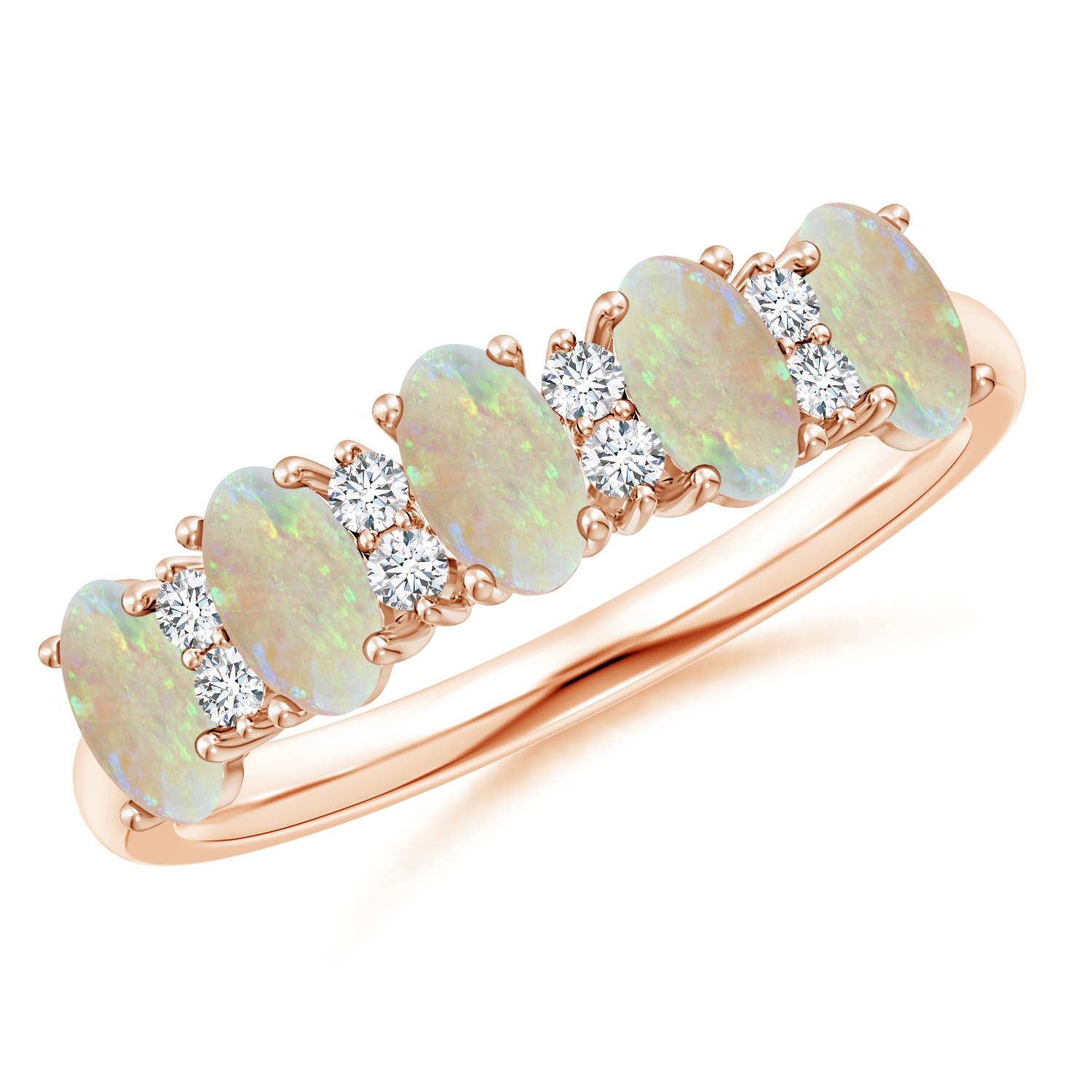 Angara 0.75 Carat Five Stone Opal and Diamond Wedding Ring in 14K Rose Gold