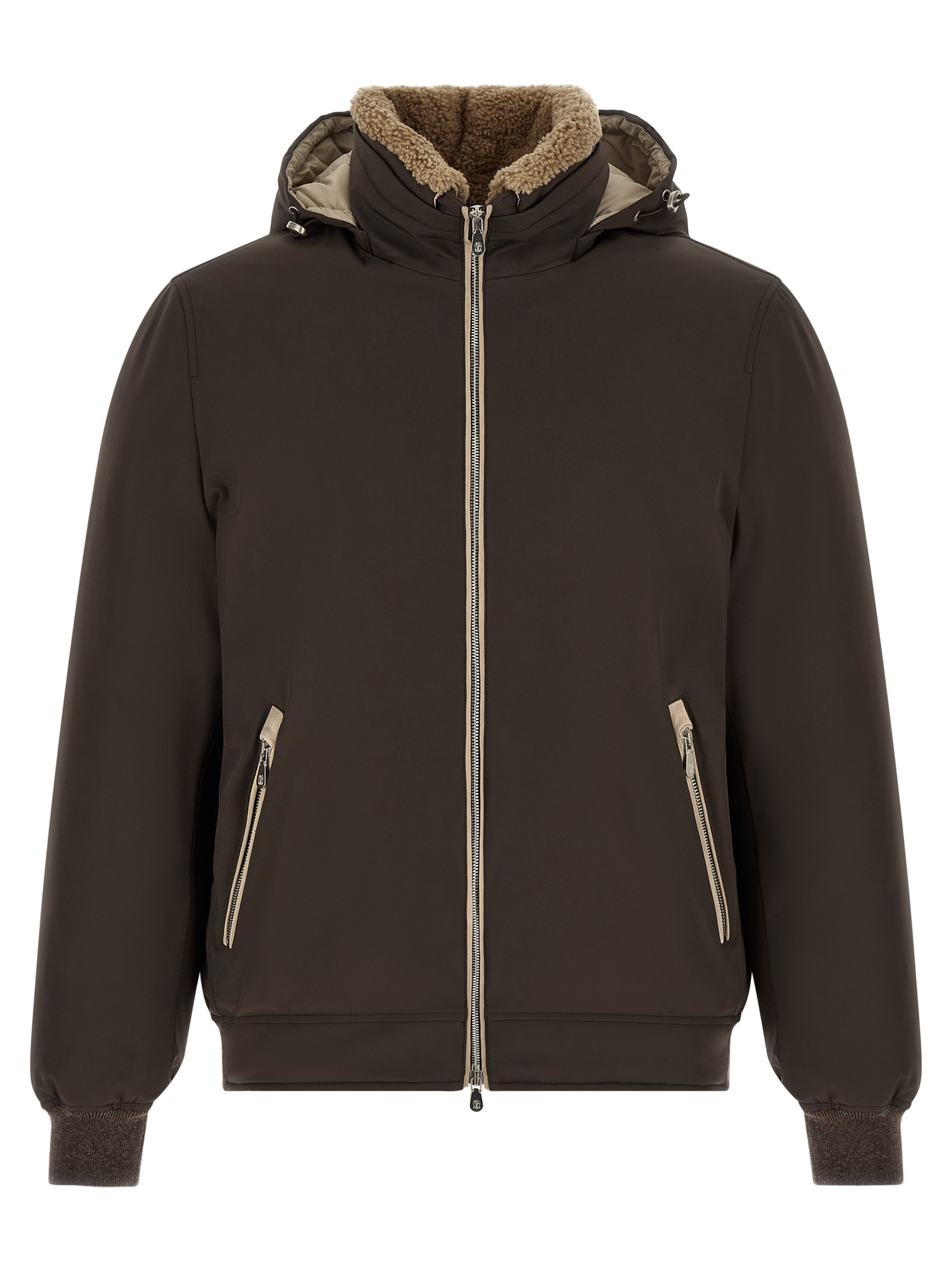 Shearling-Lined Hooded Down Jacket — Brown
