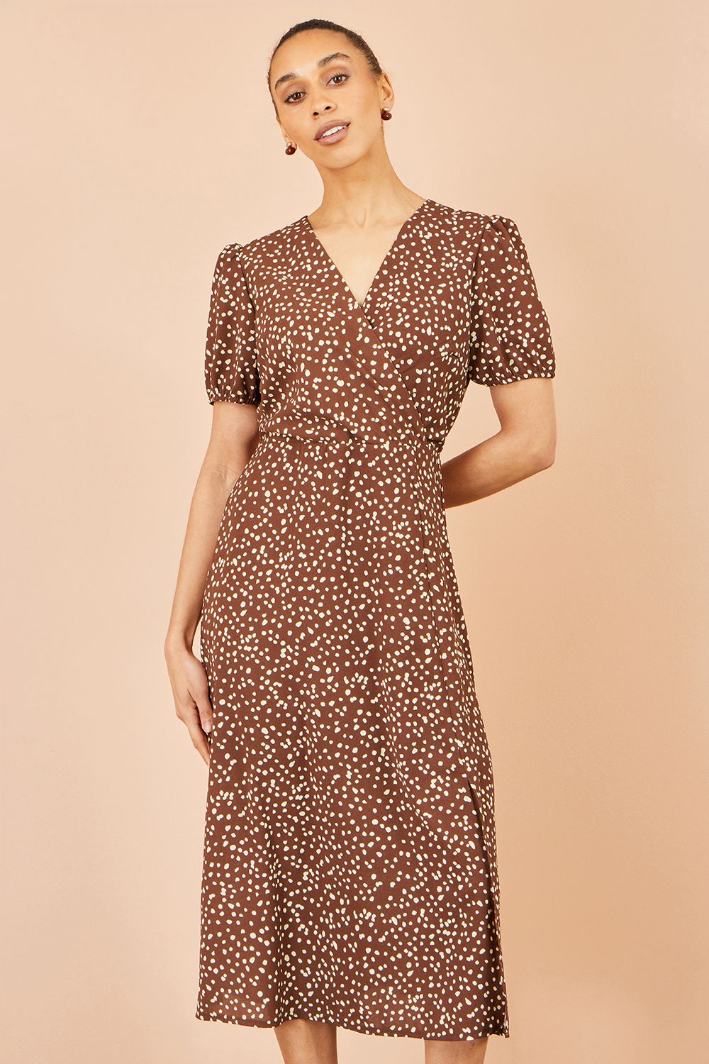 Yumi Women's Spot Midi Dress With Split Hemline in Brown