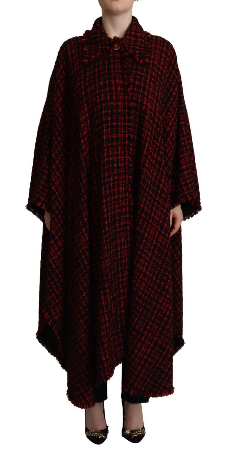 Red & Black Checkered Wool Blend Coat — Red