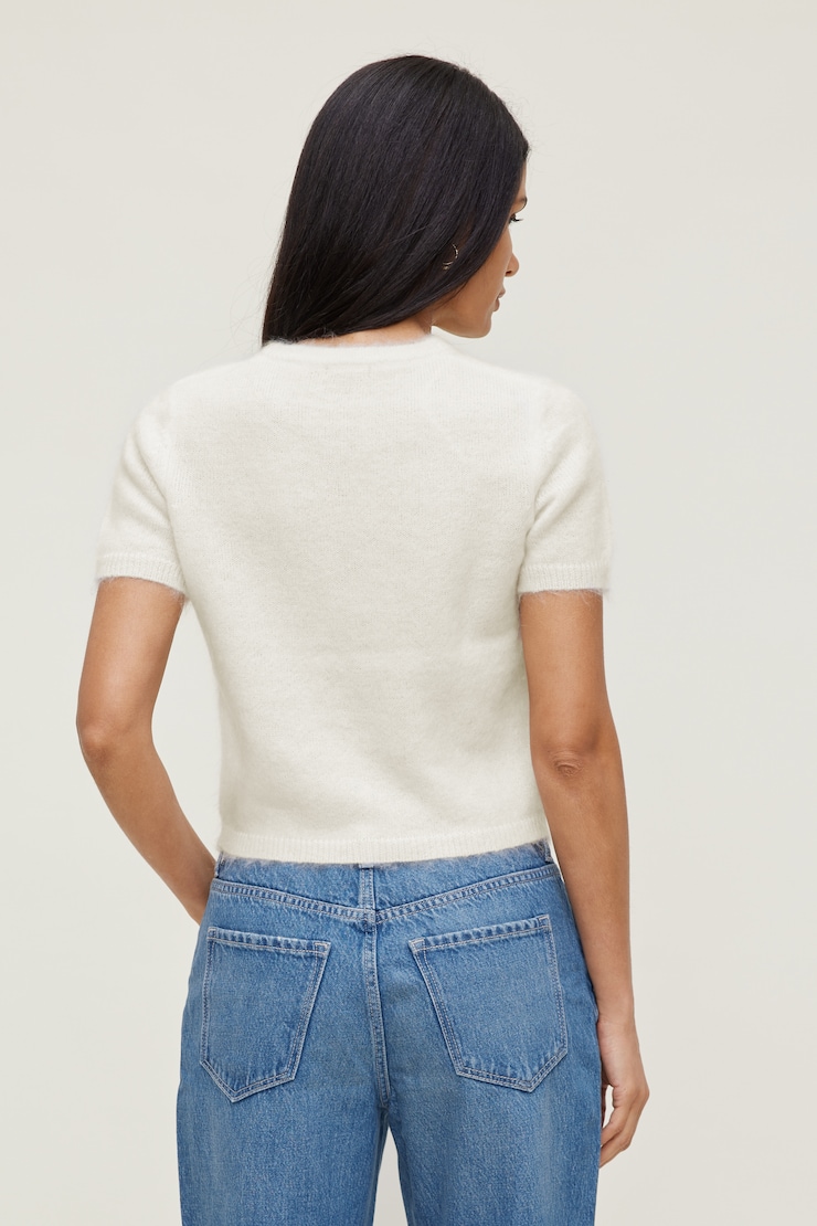 Premium Mohair Short Sleeve Cardigan - White - Women Clothing