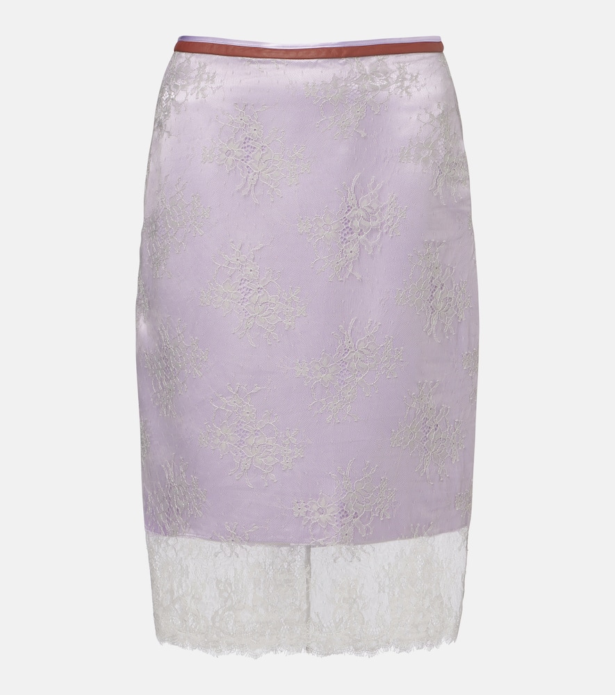 Embroidered leather-trimmed lace midi skirt