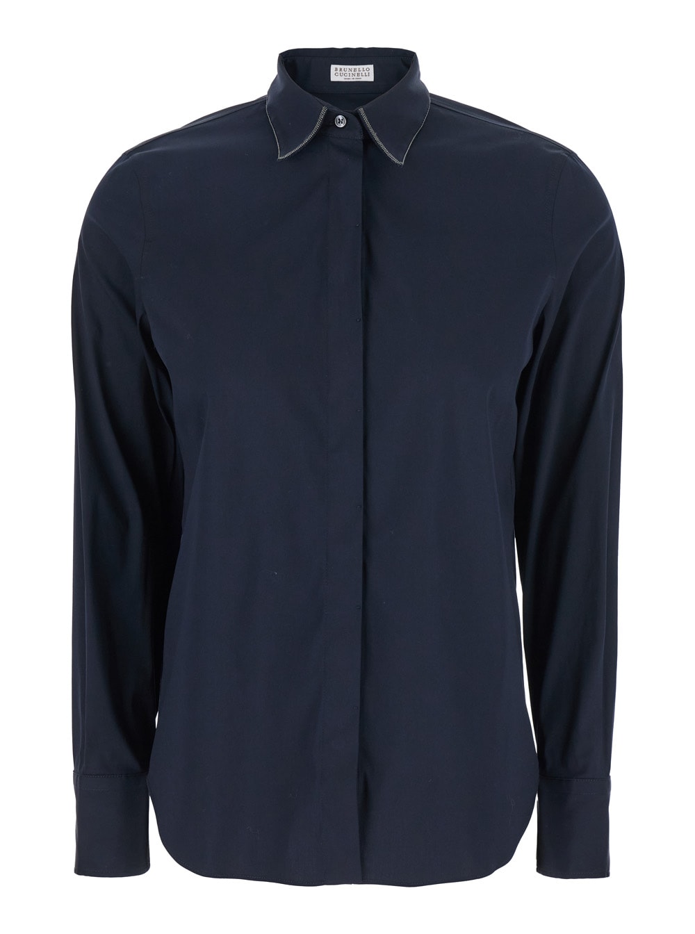 Blue Shirt With Pointed Collar And Monil Detail On The Collar In Cotton Blend Woman