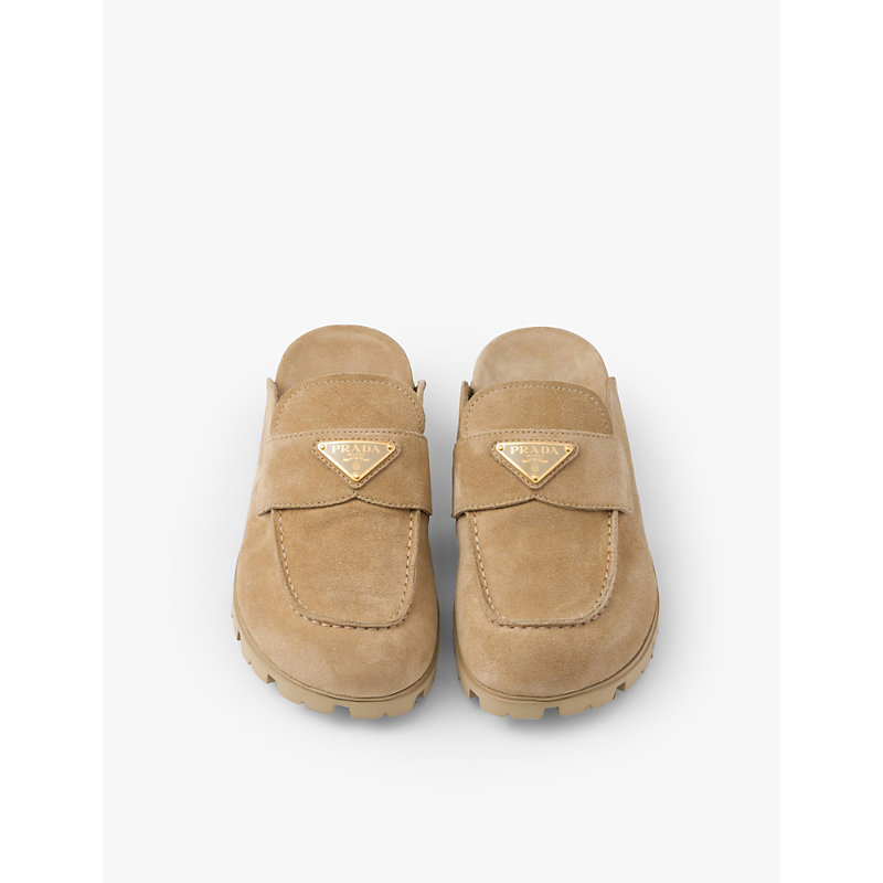 Womens Neutral Brand-plaque Suede Mules