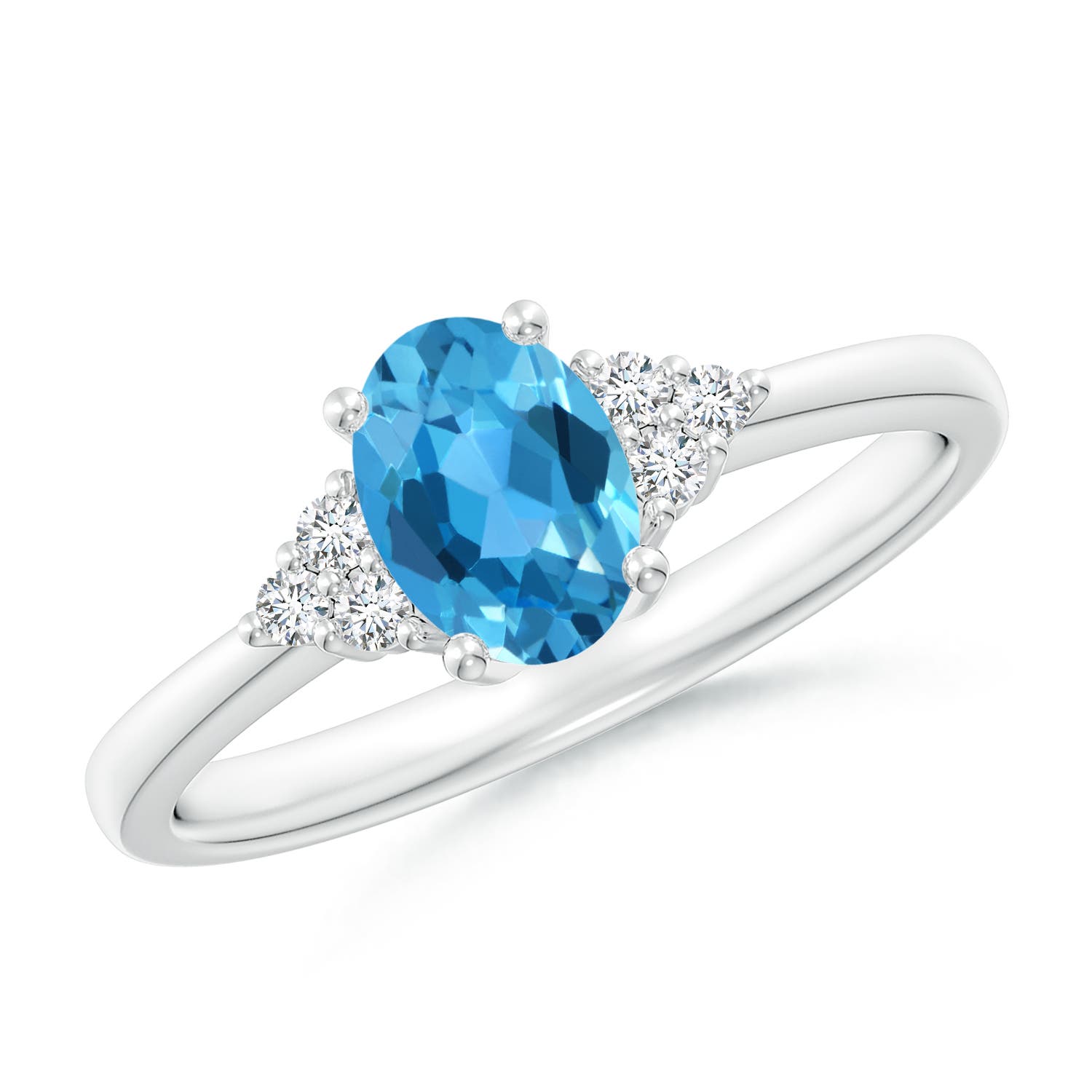 Angara 0.95 Carat Solitaire Oval Swiss Blue Topaz Ring with Trio Diamond Accents in Platinum