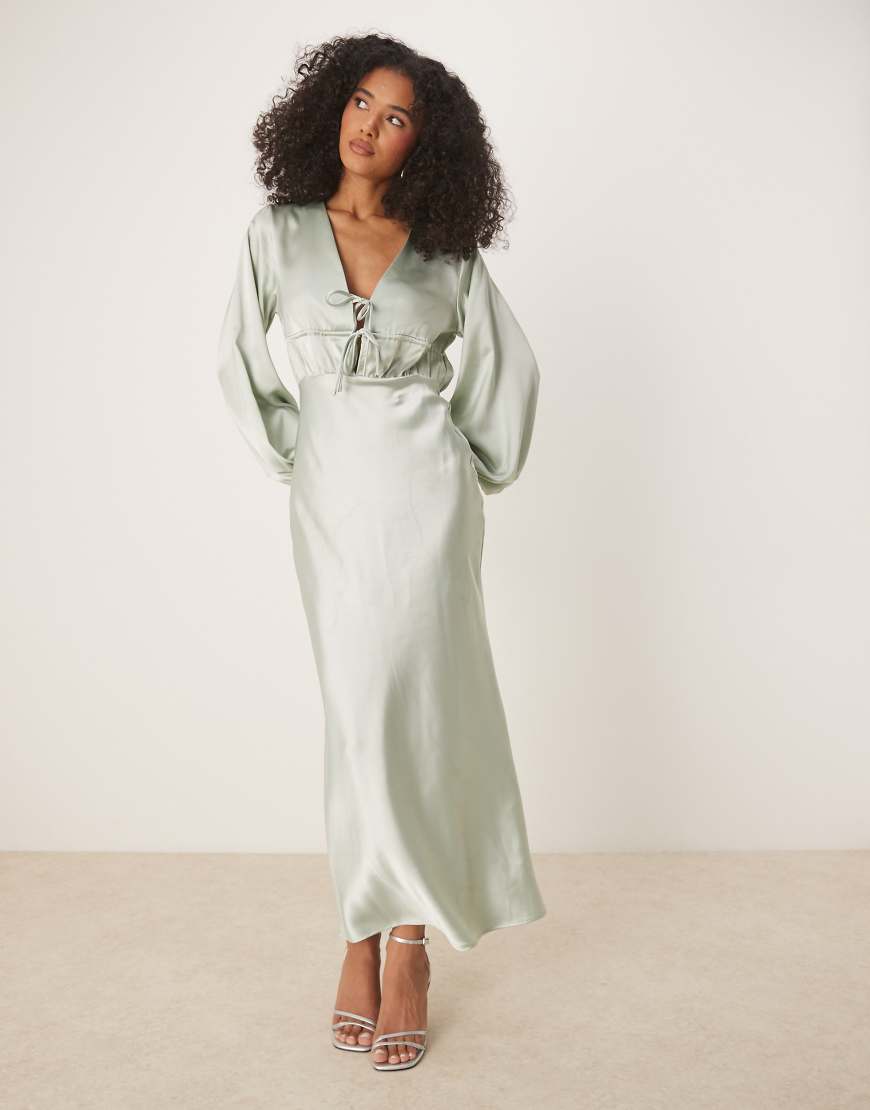 Gina Tricot satin long sleeve v neck tie front midi dress with ruched details in light green