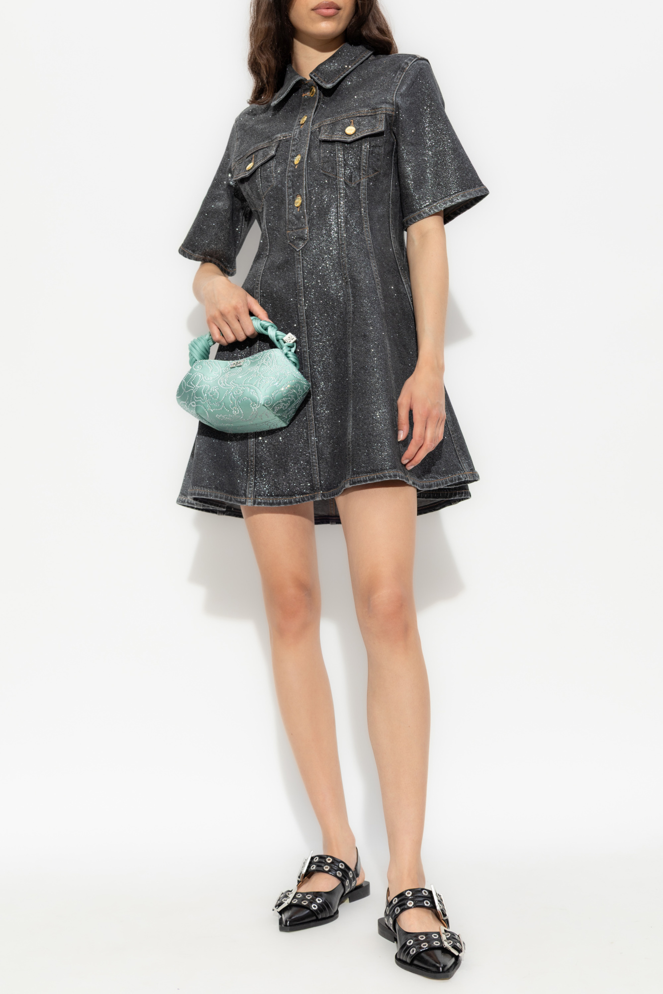Flared Denim Dress, Women's, Black
