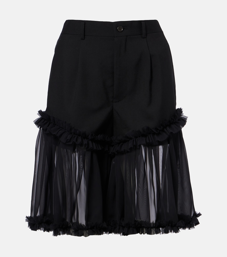 Ruffled tulle and wool shorts