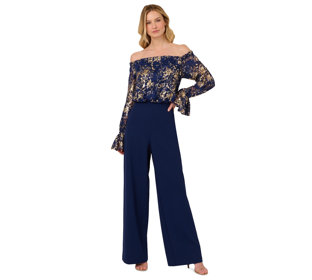 Women's Off-The-Shoulder Lace & Crepe Jumpsuit - Navy/Gold