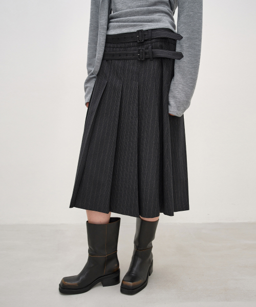 Double-Belted Pleated Skirt STRIPE