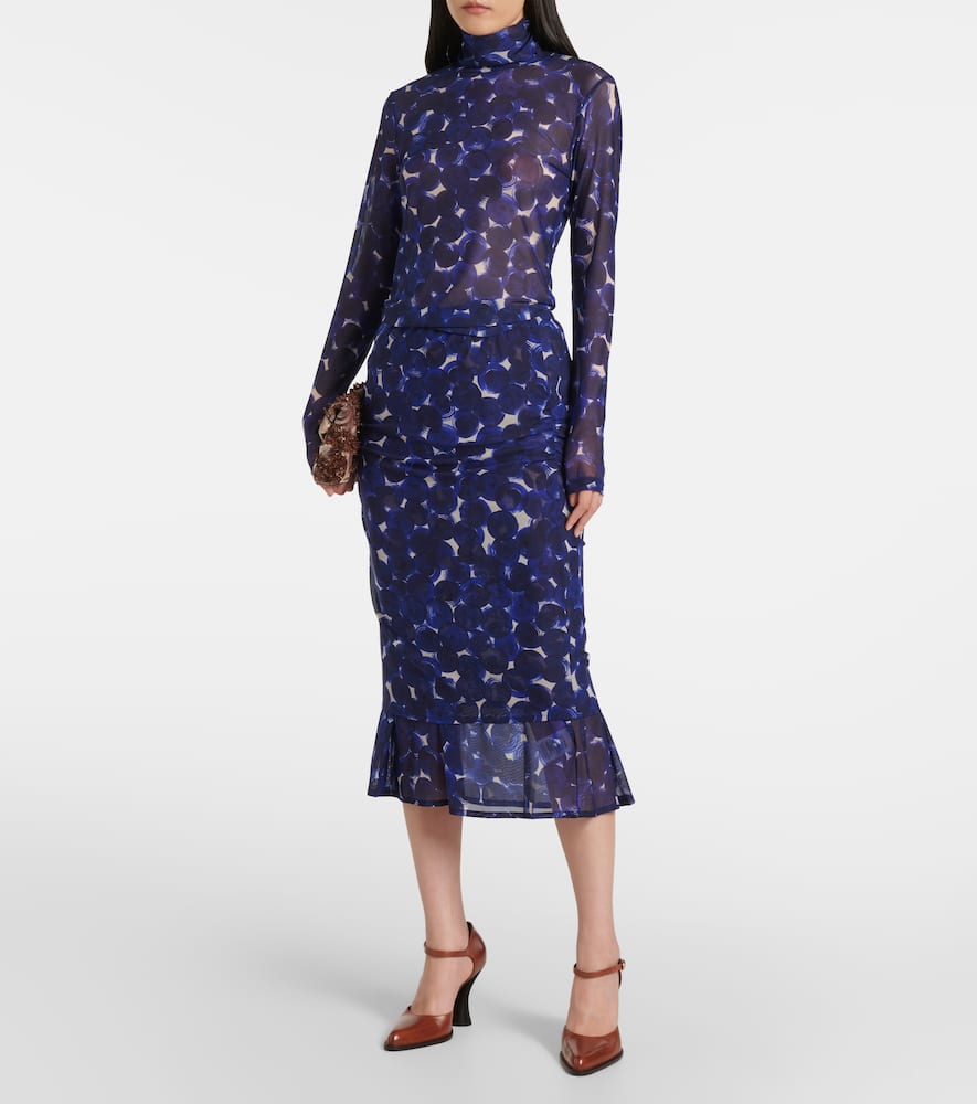 Printed gathered jersey midi skirt