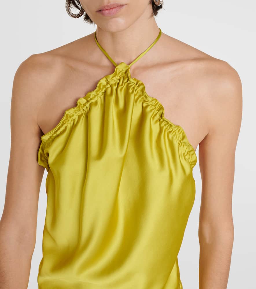 Feather-trimmed satin gown