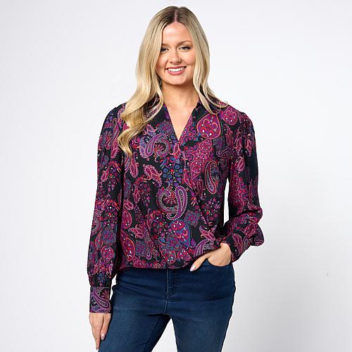 Jaclyn Smith Hi-Lo Long Sleeve Wrap Blouse - Pattern/Print