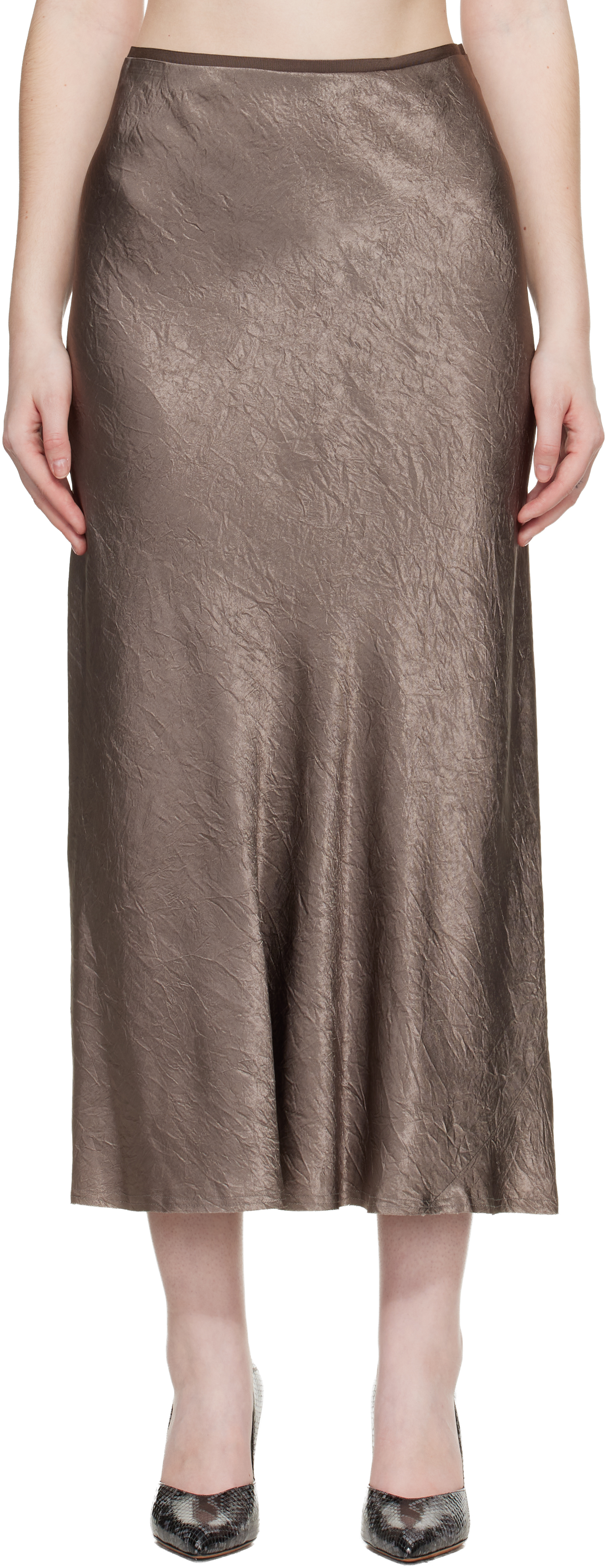 Taupe Satin Midi Skirt