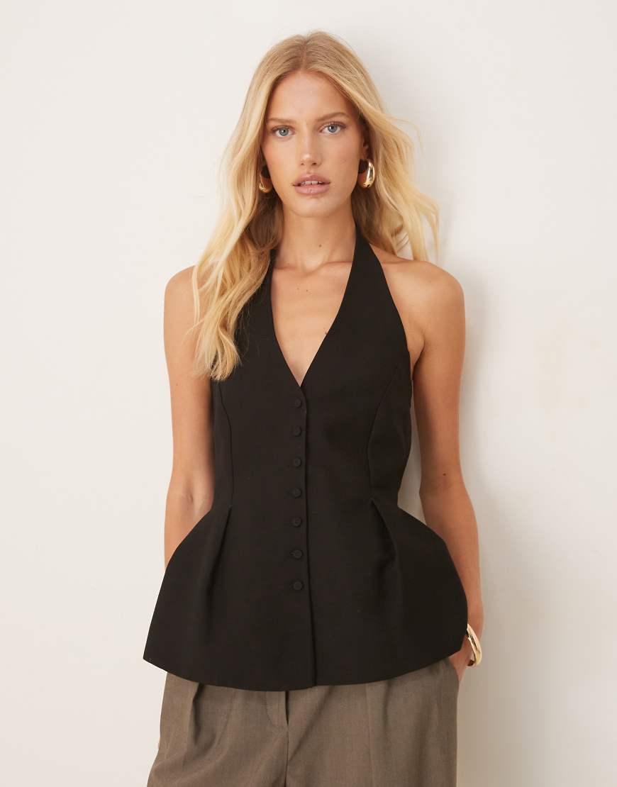 Cotton mix halter neck peplum hem button through top co-ord in black