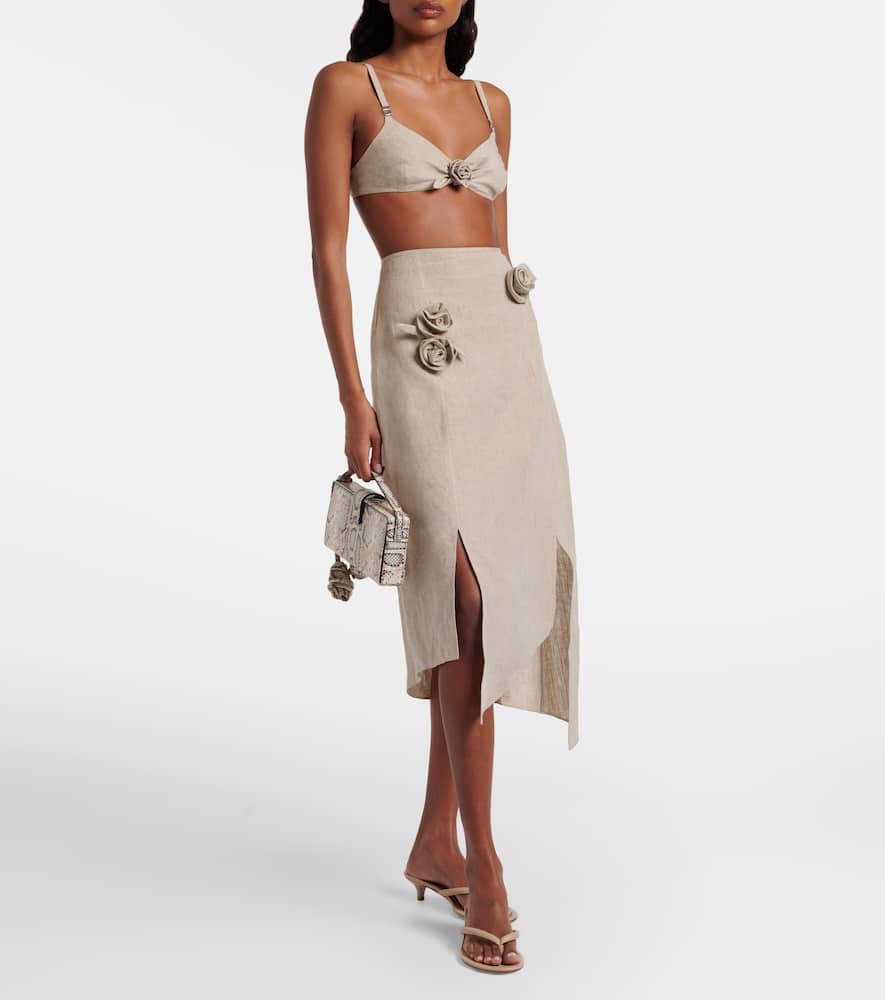 Floral-appliqué linen bra top